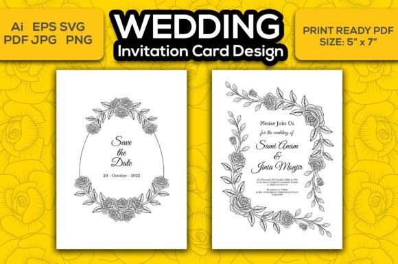 Beautiful Floral Line Art Wedding Card Graphics for Print Templates