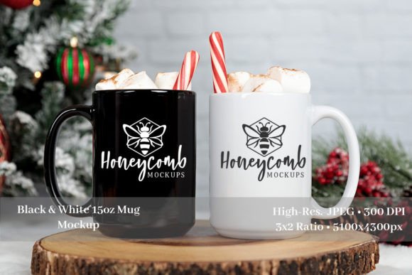 Two 15oz Black and White Christmas Mugs - Graphics for Christmas Amp