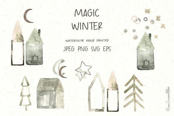 Winter Houses Watercolor Clipart for Editorial and Web Design